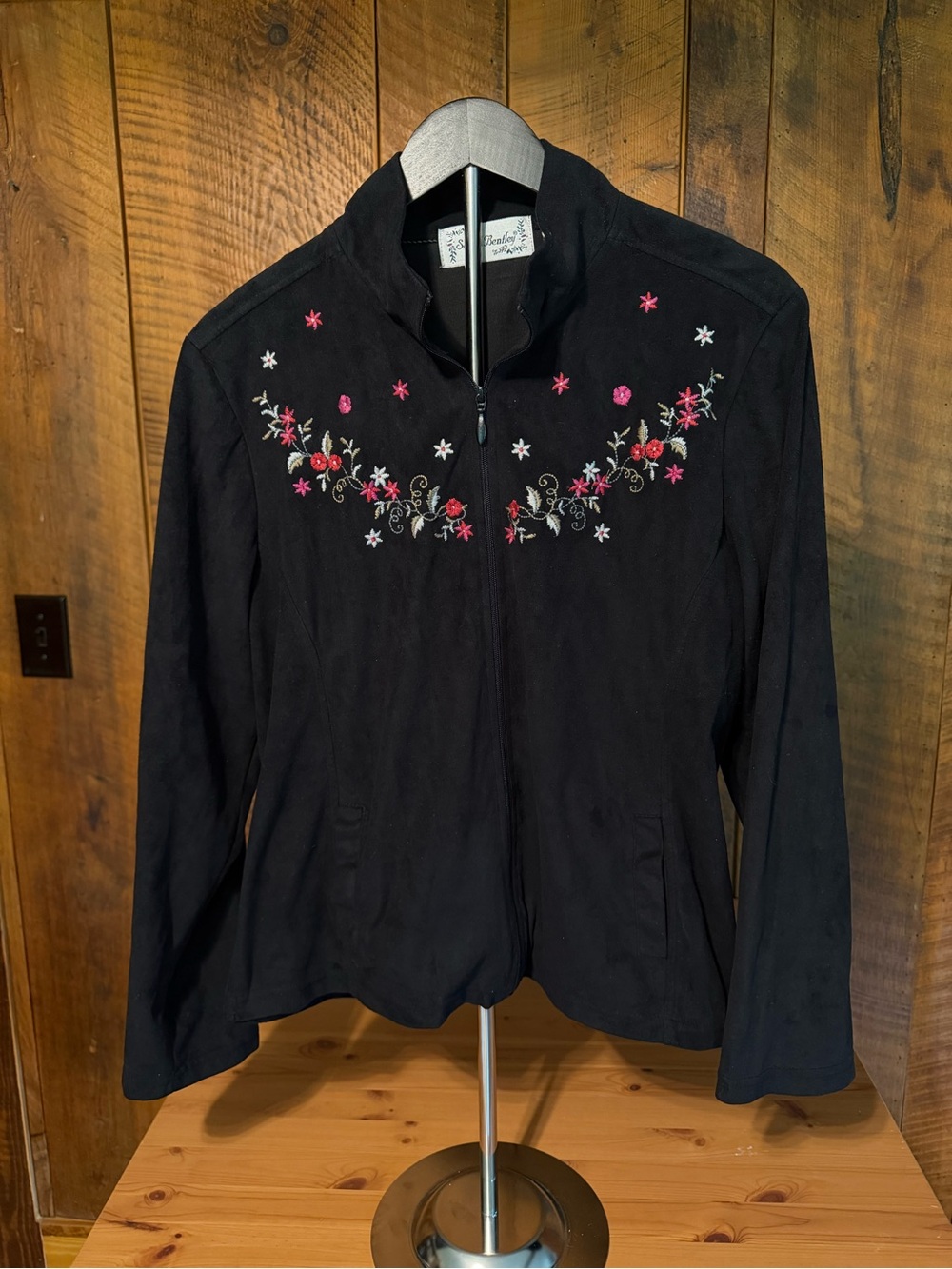 Susan Bentley Black Faux Suede Jacket Embroidered Pink Floral Cottagecore Size L